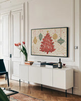 Trimming the Tree II Green by Janelle Penner. shown as a framed stretched canvas in a living room above a console. Available as a archival giclee rolled canvas, fine art paper, or poster print. SKU 59665i.