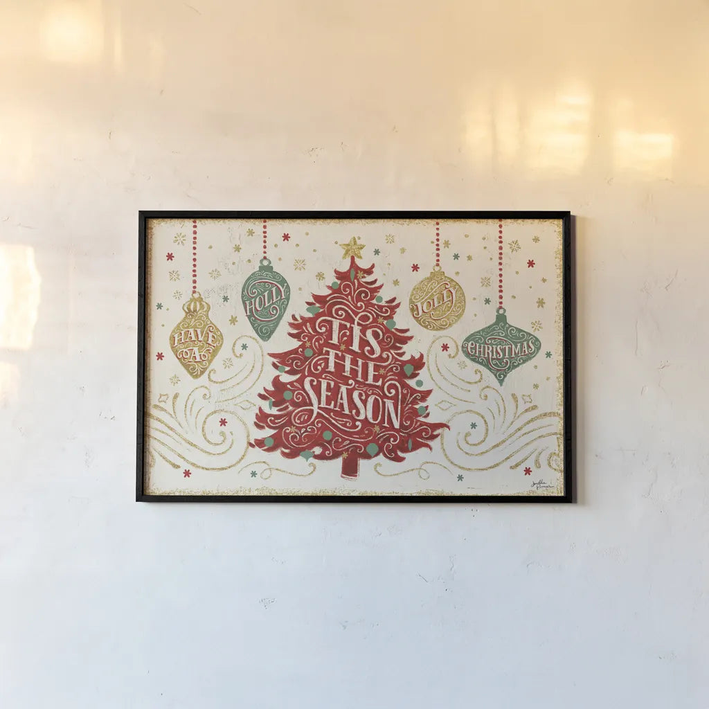 Trimming the Tree II Green by Janelle Penner. shown as a paper print in a black flame. Available as a archival giclee rolled canvas, fine art paper, or poster print. SKU 59665i.