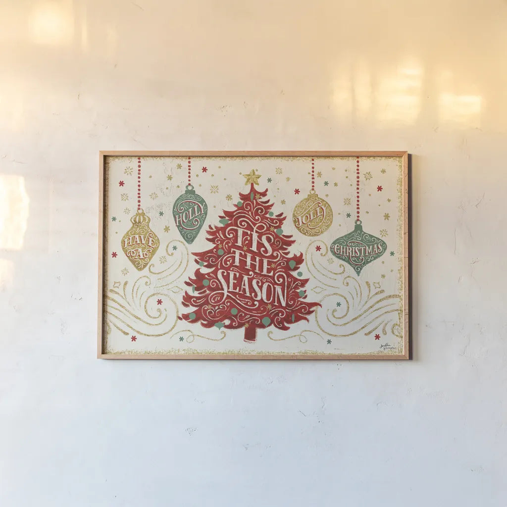 Trimming the Tree II Green by Janelle Penner. shown as a paper print in a natural frame. Available as a archival giclee rolled canvas, fine art paper, or poster print. SKU 59665i.