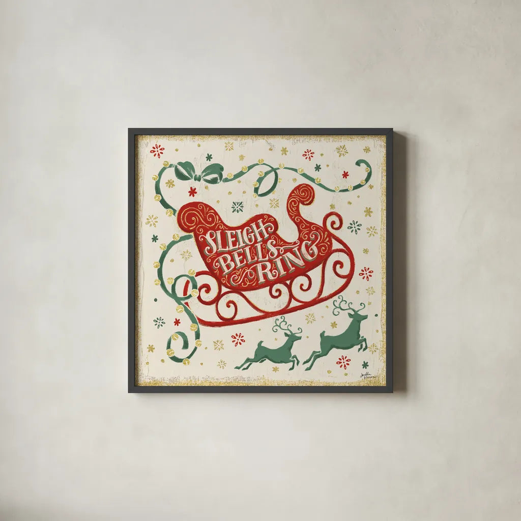 Trimming the Tree III Green by Janelle Penner. Shown in a sleek black glass frame for a contemporary gallery look. Available as an archival giclee rolled canvas, fine art paper, or poster print. SKU 59666a.