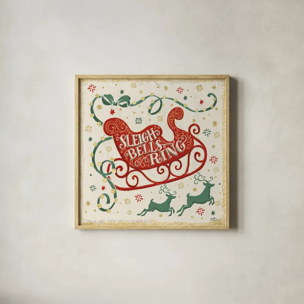 Trimming the Tree III Green by Janelle Penner. Shown in a natural wood glass frame for a timeless modern aesthetic. Available as an archival giclee rolled canvas, fine art paper, or poster print. SKU 59666a.