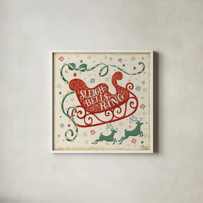 Trimming the Tree III Green by Janelle Penner. Shown in a crisp white glass frame for a clean and minimalist style. Available as an archival giclee rolled canvas, fine art paper, or poster print. SKU 59666a.