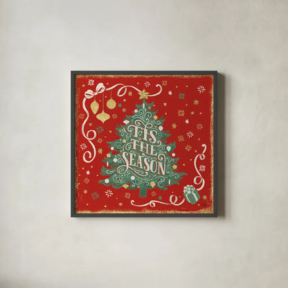 Trimming the Tree IV Green Tree by Janelle Penner. Shown in a sleek black glass frame for a contemporary gallery look. Available as an archival giclee rolled canvas, fine art paper, or poster print. SKU 59646a.