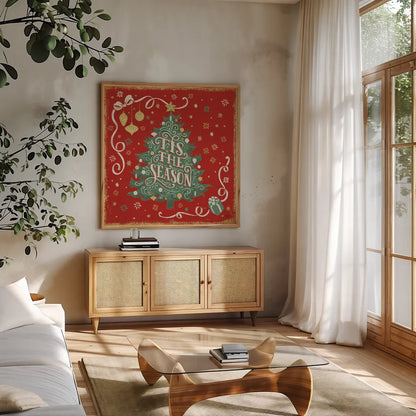 Trimming the Tree IV Green Tree by Janelle Penner. Shown in a natural wood frame in a cozy modern living room. Available as an archival giclee rolled canvas, fine art paper, or poster print. SKU 59646a.