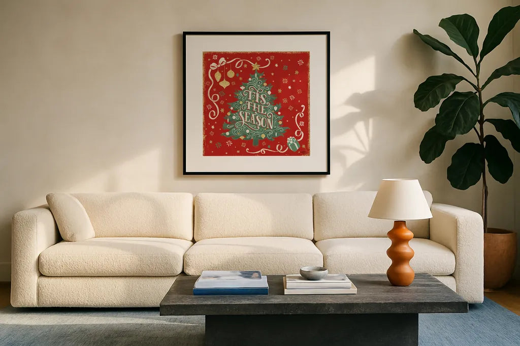 Trimming the Tree IV Green Tree by Janelle Penner. Displayed in a glass frame with matte in a clean modern living room. Available as an archival giclee rolled canvas, fine art paper, or poster print. SKU 59646a.