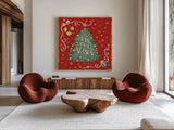 Trimming the Tree IV Green Tree by Janelle Penner. Shown as extra-large giant wall art in a modern living room. Available as an archival giclee rolled canvas, fine art paper, or poster print. SKU 59646a.