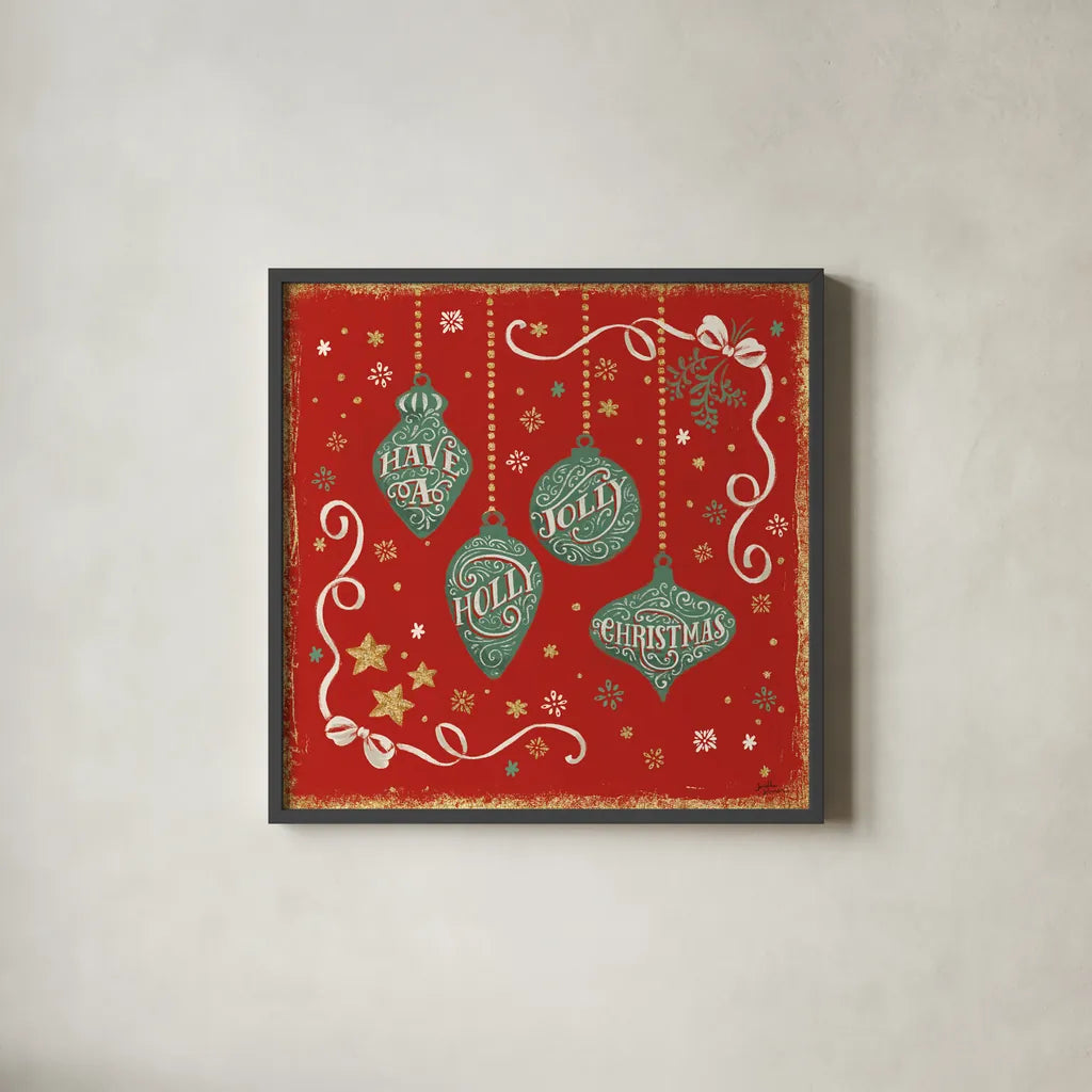 Trimming the Tree V Green by Janelle Penner. Shown in a sleek black glass frame for a contemporary gallery look. Available as an archival giclee rolled canvas, fine art paper, or poster print. SKU 59667a.