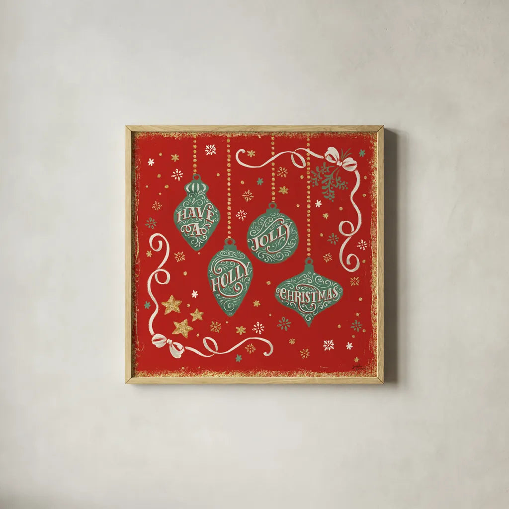 Trimming the Tree V Green by Janelle Penner. Shown in a natural wood glass frame for a timeless modern aesthetic. Available as an archival giclee rolled canvas, fine art paper, or poster print. SKU 59667a.