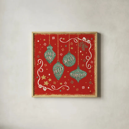 Trimming the Tree V Green by Janelle Penner. Shown in a natural wood glass frame for a timeless modern aesthetic. Available as an archival giclee rolled canvas, fine art paper, or poster print. SKU 59667a.