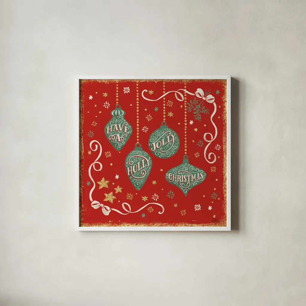 Trimming the Tree V Green by Janelle Penner. Shown in a crisp white glass frame for a clean and minimalist style. Available as an archival giclee rolled canvas, fine art paper, or poster print. SKU 59667a.