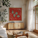 Trimming the Tree V Green by Janelle Penner. Shown in a natural wood frame in a cozy modern living room. Available as an archival giclee rolled canvas, fine art paper, or poster print. SKU 59667a.