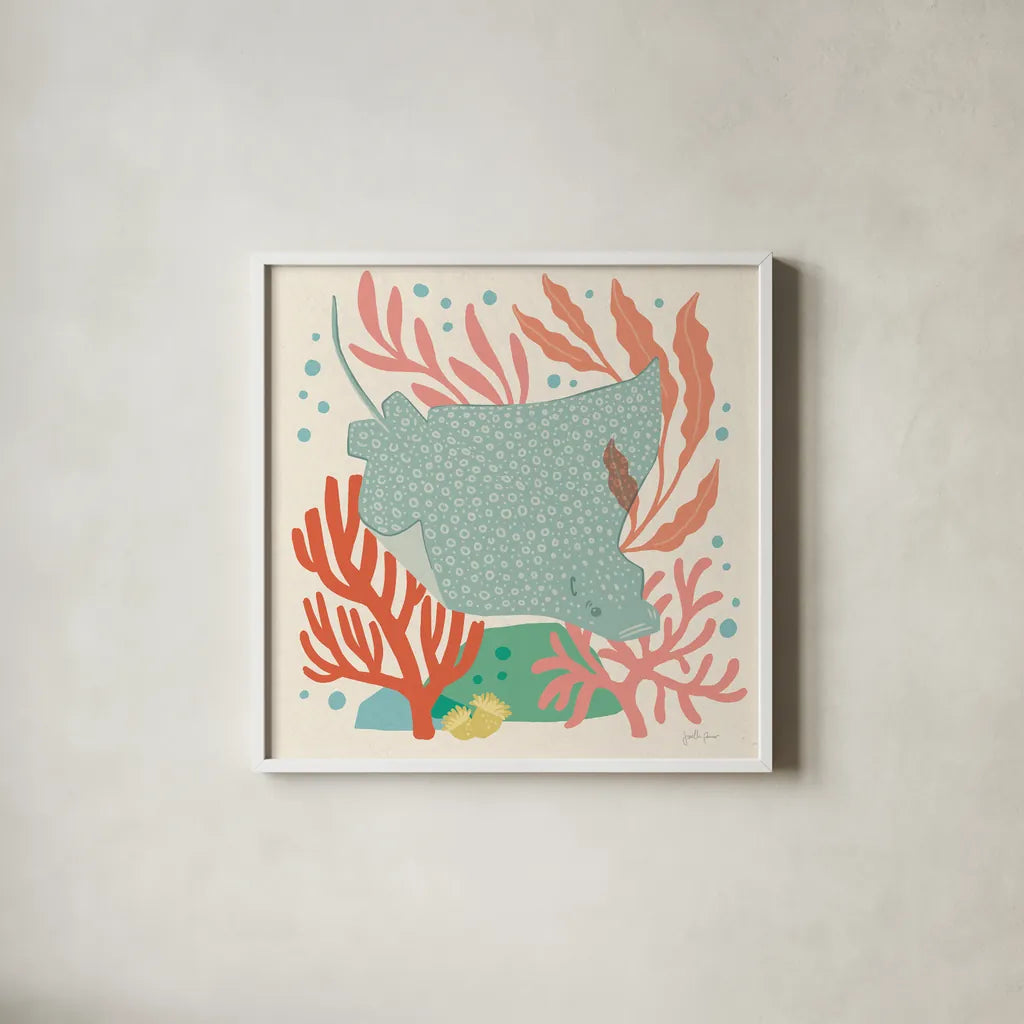 Under the Sea IV by Janelle Penner. Shown in a crisp white glass frame for a clean and minimalist style. Available as an archival giclee rolled canvas, fine art paper, or poster print. SKU 69207a.
