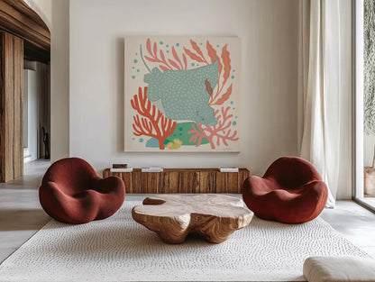 Under the Sea IV by Janelle Penner. Shown as extra-large giant wall art in a modern living room. Available as an archival giclee rolled canvas, fine art paper, or poster print. SKU 69207a.