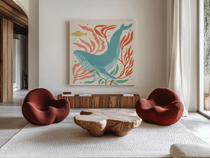 Under the Sea V by Janelle Penner. Shown as extra-large giant wall art in a modern living room. Available as an archival giclee rolled canvas, fine art paper, or poster print. SKU 69208a.