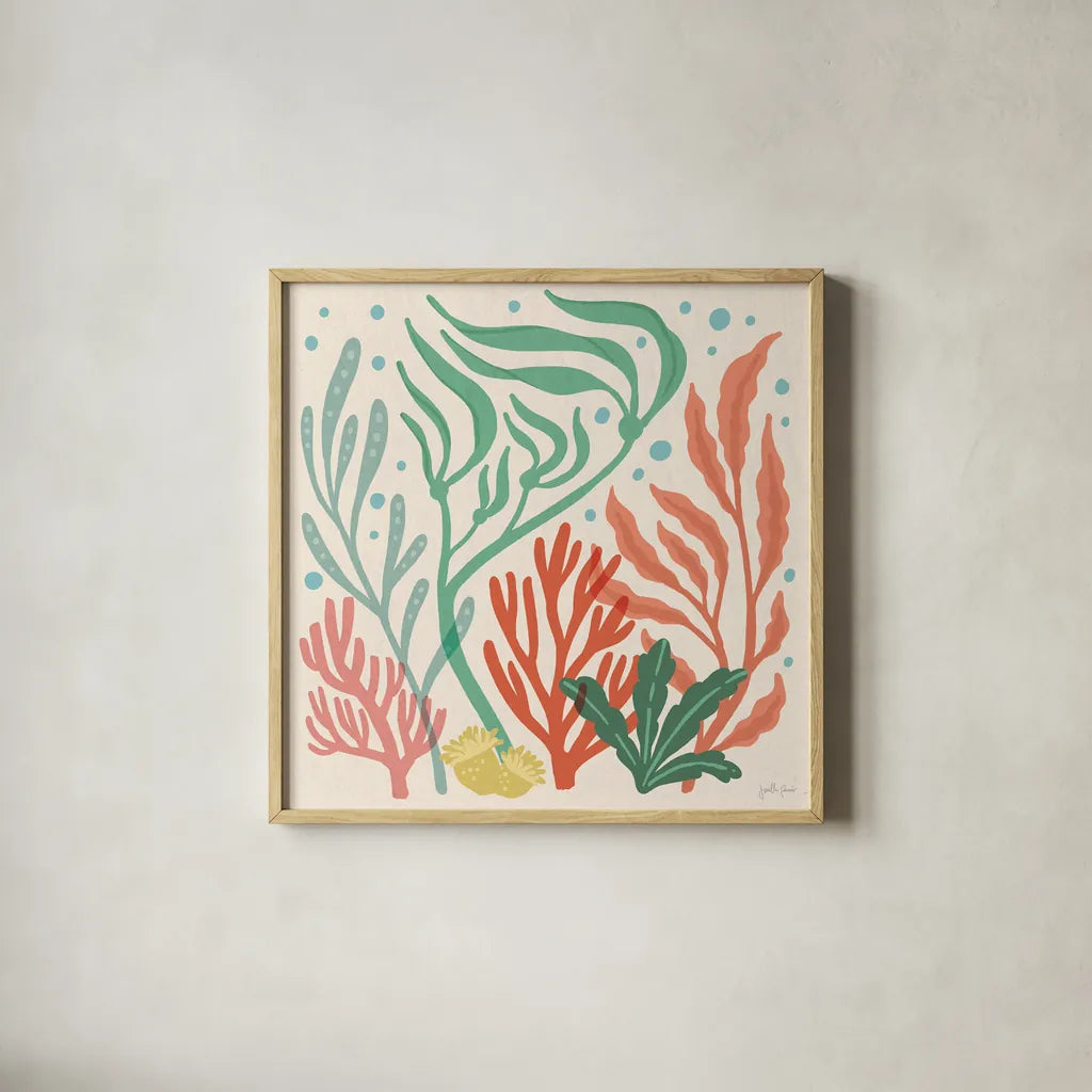 Under the Sea VI by Janelle Penner. Shown in a natural wood glass frame for a timeless modern aesthetic. Available as an archival giclee rolled canvas, fine art paper, or poster print. SKU 69209a.