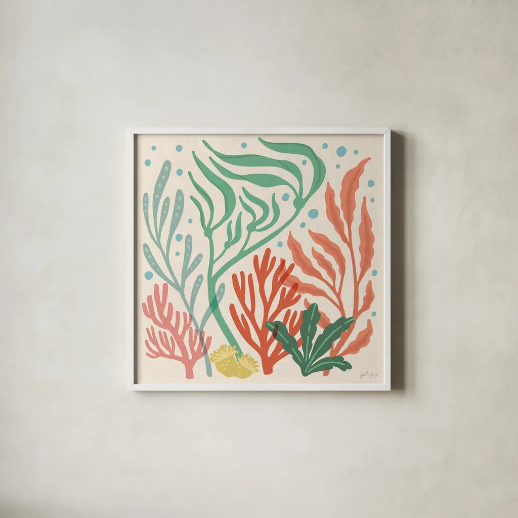 Under the Sea VI by Janelle Penner. Shown in a crisp white glass frame for a clean and minimalist style. Available as an archival giclee rolled canvas, fine art paper, or poster print. SKU 69209a.