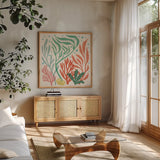 Under the Sea VI by Janelle Penner. Shown in a natural wood frame in a cozy modern living room. Available as an archival giclee rolled canvas, fine art paper, or poster print. SKU 69209a.