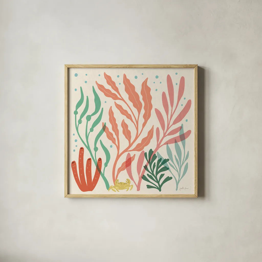Under the Sea VII by Janelle Penner. Shown in a natural wood glass frame for a timeless modern aesthetic. Available as an archival giclee rolled canvas, fine art paper, or poster print. SKU 69210a.