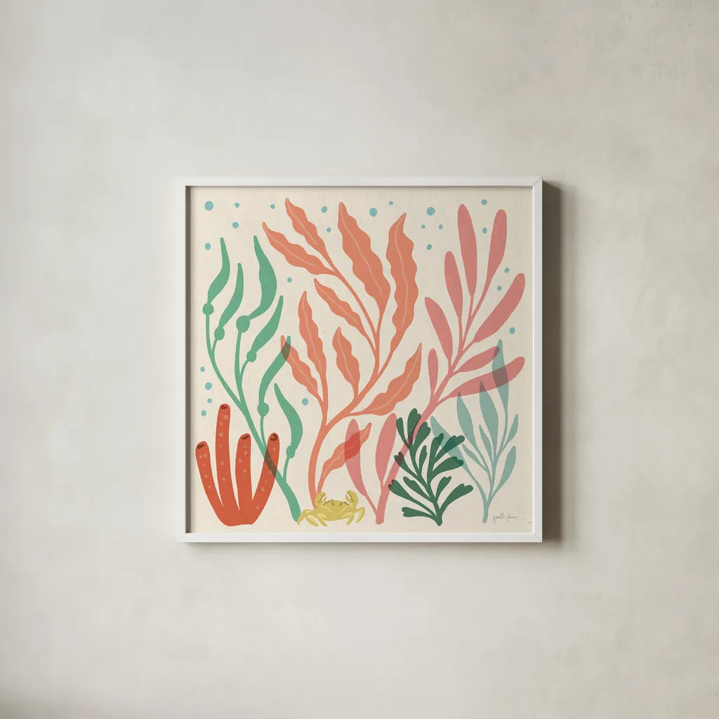 Under the Sea VII by Janelle Penner. Shown in a crisp white glass frame for a clean and minimalist style. Available as an archival giclee rolled canvas, fine art paper, or poster print. SKU 69210a.