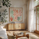 Under the Sea VII by Janelle Penner. Shown in a natural wood frame in a cozy modern living room. Available as an archival giclee rolled canvas, fine art paper, or poster print. SKU 69210a.