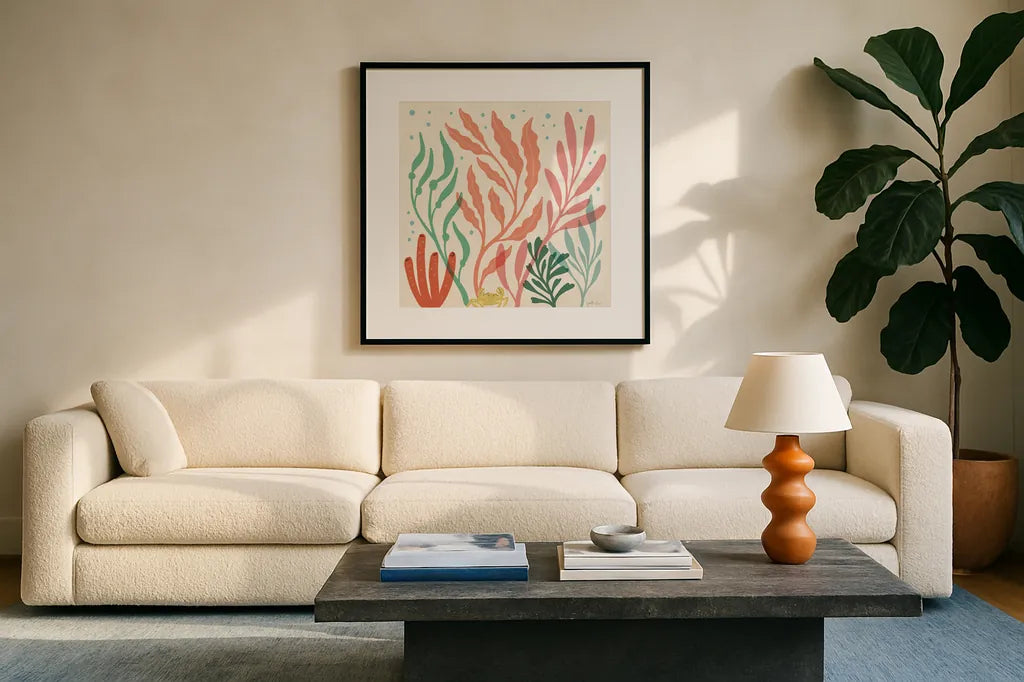 Under the Sea VII by Janelle Penner. Displayed in a glass frame with matte in a clean modern living room. Available as an archival giclee rolled canvas, fine art paper, or poster print. SKU 69210a.