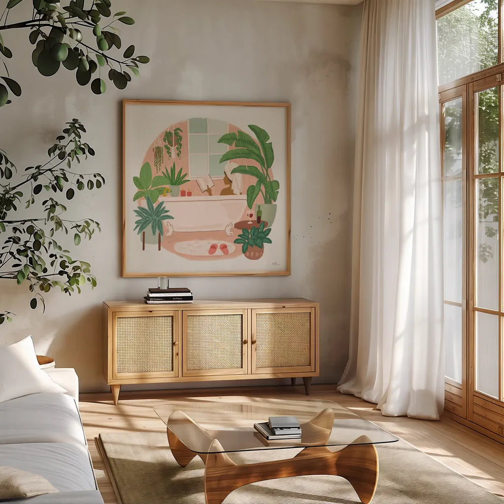 Urban Jungle I by Janelle Penner. Shown in a natural wood frame in a cozy modern living room. Available as an archival giclee rolled canvas, fine art paper, or poster print. SKU 73730a.