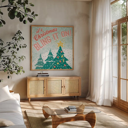 Vintage Christmas IX by Janelle Penner. Shown in a natural wood frame in a cozy modern living room. Available as an archival giclee rolled canvas, fine art paper, or poster print. SKU 50979a.