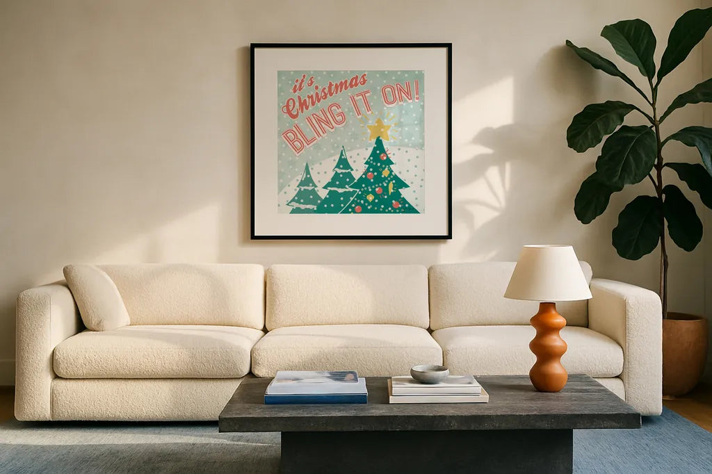 Vintage Christmas IX by Janelle Penner. Displayed in a glass frame with matte in a clean modern living room. Available as an archival giclee rolled canvas, fine art paper, or poster print. SKU 50979a.