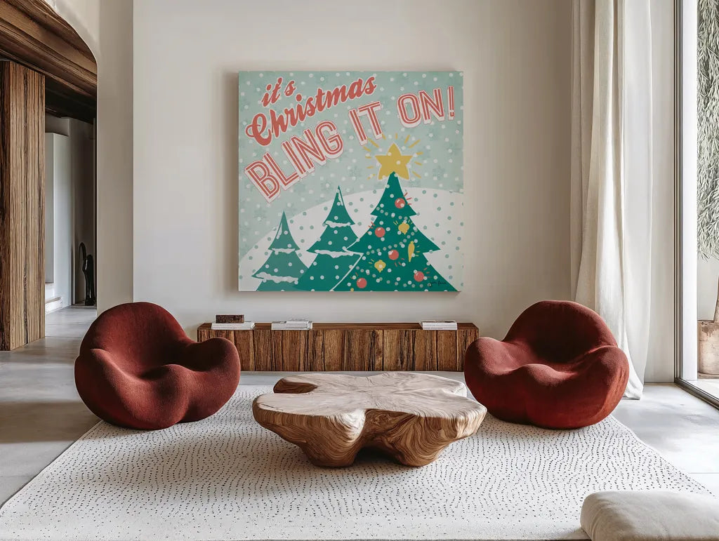 Vintage Christmas IX by Janelle Penner. Shown as extra-large giant wall art in a modern living room. Available as an archival giclee rolled canvas, fine art paper, or poster print. SKU 50979a.