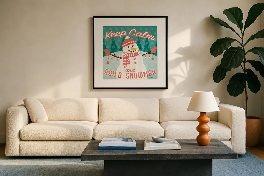 Vintage Christmas VII by Janelle Penner. Displayed in a glass frame with matte in a clean modern living room. Available as an archival giclee rolled canvas, fine art paper, or poster print. SKU 50977a.