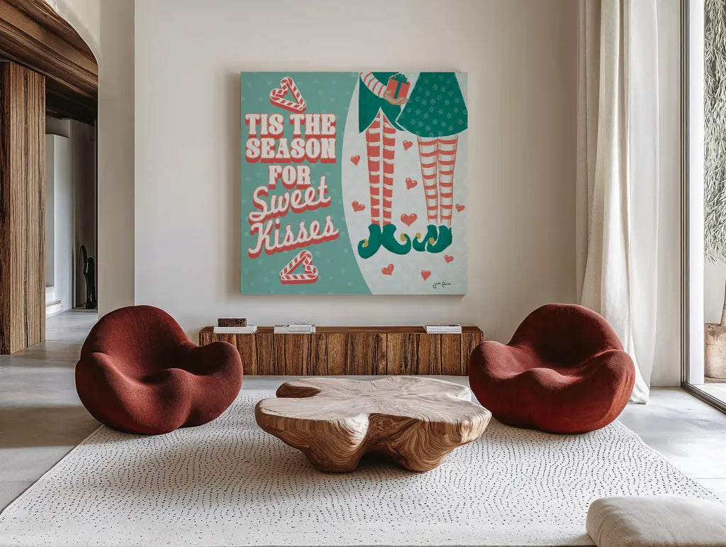 Vintage Christmas VIII by Janelle Penner. Shown as extra-large giant wall art in a modern living room. Available as an archival giclee rolled canvas, fine art paper, or poster print. SKU 50978a.