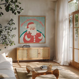 Vintage Christmas X by Janelle Penner. Shown in a natural wood frame in a cozy modern living room. Available as an archival giclee rolled canvas, fine art paper, or poster print. SKU 50980a.