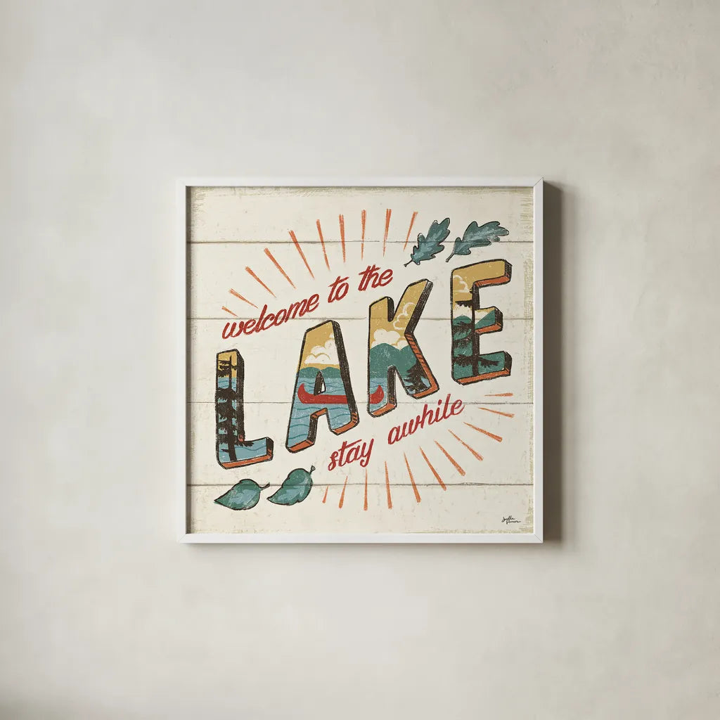 Vintage Lake II by Janelle Penner. Shown in a crisp white glass frame for a clean and minimalist style. Available as an archival giclee rolled canvas, fine art paper, or poster print. SKU 42251a.