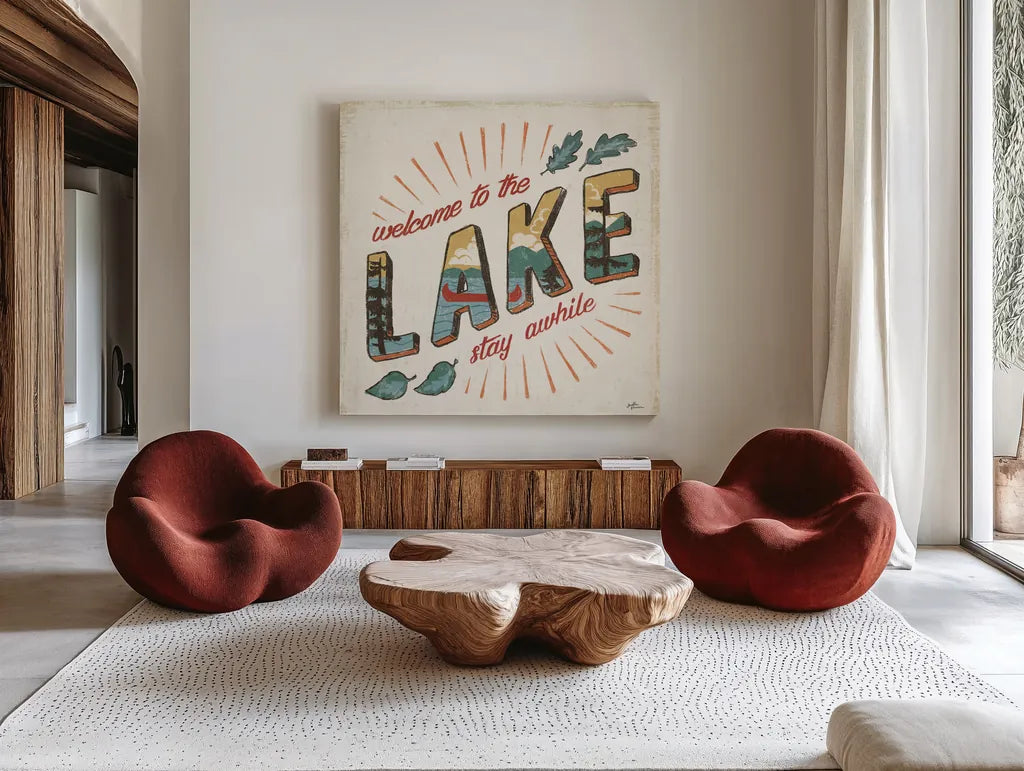 Vintage Lake II by Janelle Penner. Shown as extra-large giant wall art in a modern living room. Available as an archival giclee rolled canvas, fine art paper, or poster print. SKU 48221a.