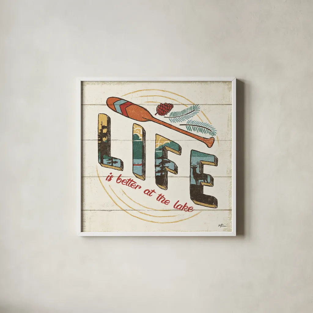 Vintage Lake III by Janelle Penner. Shown in a crisp white glass frame for a clean and minimalist style. Available as an archival giclee rolled canvas, fine art paper, or poster print. SKU 42252a.