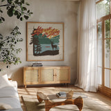 Vintage Lake IV by Janelle Penner. Shown in a natural wood frame in a cozy modern living room. Available as an archival giclee rolled canvas, fine art paper, or poster print. SKU 42253a.