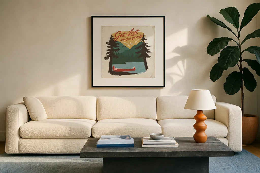Vintage Lake V No Lines by Janelle Penner. Displayed in a glass frame with matte in a clean modern living room. Available as an archival giclee rolled canvas, fine art paper, or poster print. SKU 48222a.