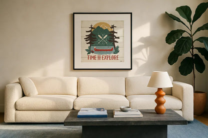Vintage Lake VI by Janelle Penner. Displayed in a glass frame with matte in a clean modern living room. Available as an archival giclee rolled canvas, fine art paper, or poster print. SKU 42255a.