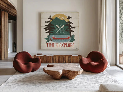 Vintage Lake VI by Janelle Penner. Shown as extra-large giant wall art in a modern living room. Available as an archival giclee rolled canvas, fine art paper, or poster print. SKU 42255a.