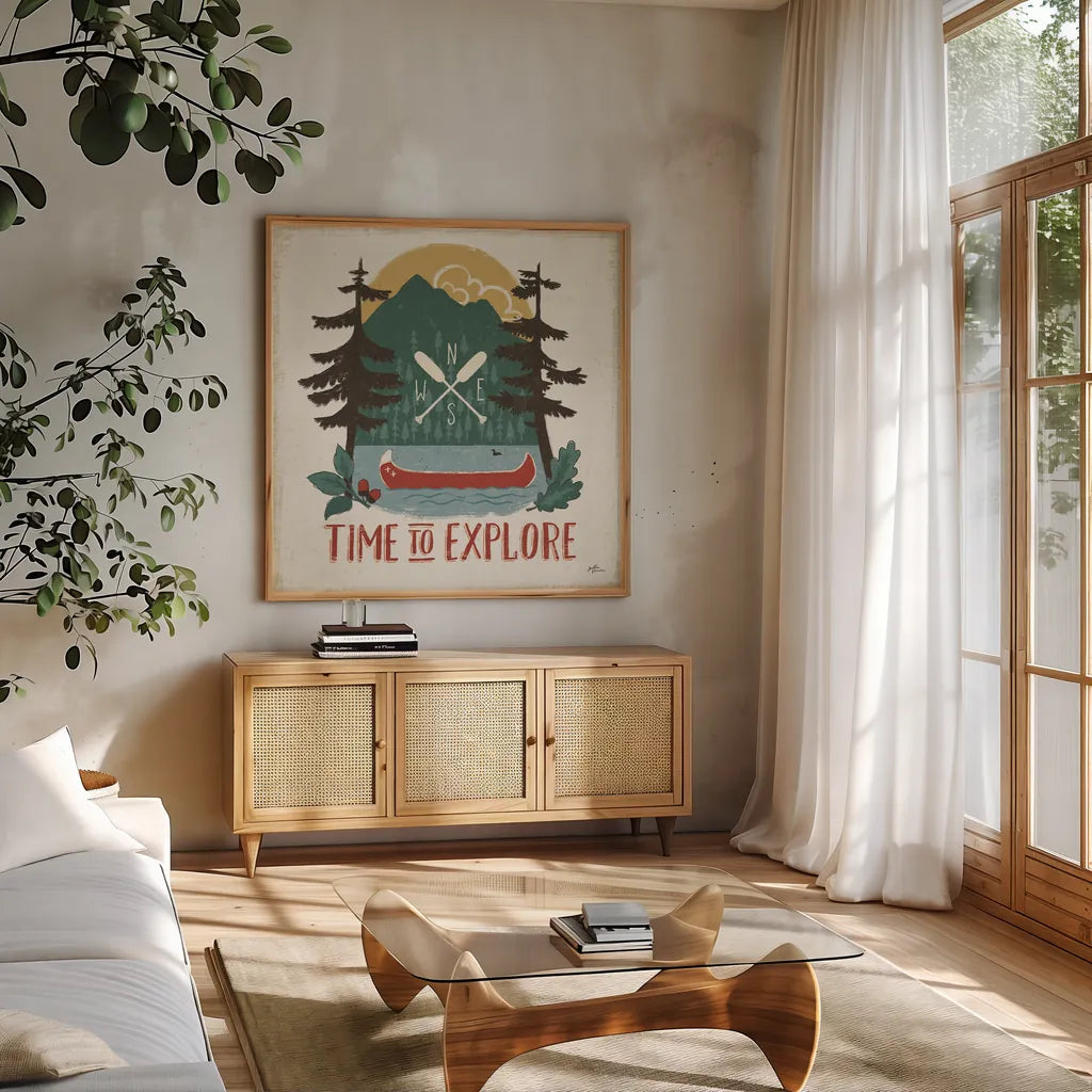 Vintage Lake VI No Lines by Janelle Penner. Shown in a natural wood frame in a cozy modern living room. Available as an archival giclee rolled canvas, fine art paper, or poster print. SKU 48223a.