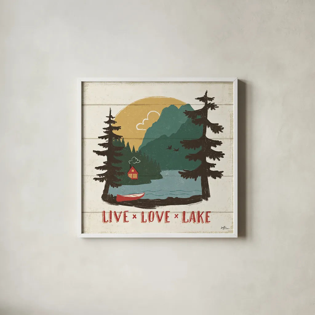 Vintage Lake VII by Janelle Penner. Shown in a crisp white glass frame for a clean and minimalist style. Available as an archival giclee rolled canvas, fine art paper, or poster print. SKU 42256a.