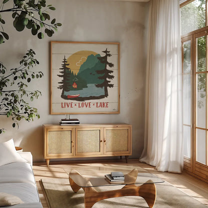 Vintage Lake VII by Janelle Penner. Shown in a natural wood frame in a cozy modern living room. Available as an archival giclee rolled canvas, fine art paper, or poster print. SKU 42256a.