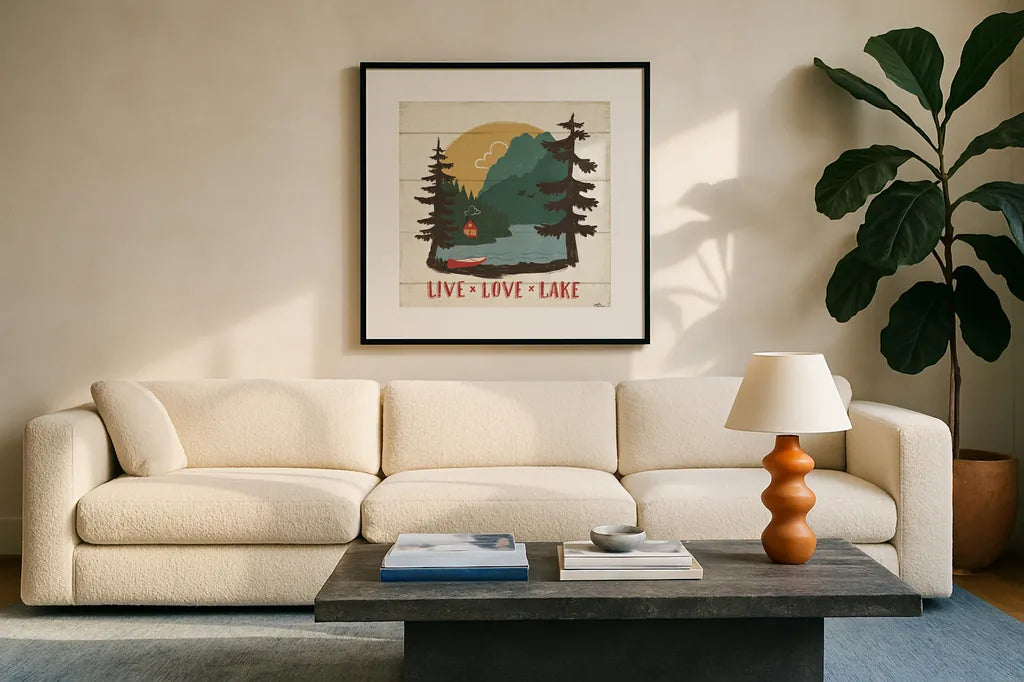 Vintage Lake VII by Janelle Penner. Displayed in a glass frame with matte in a clean modern living room. Available as an archival giclee rolled canvas, fine art paper, or poster print. SKU 42256a.