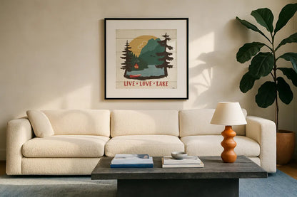 Vintage Lake VII by Janelle Penner. Displayed in a glass frame with matte in a clean modern living room. Available as an archival giclee rolled canvas, fine art paper, or poster print. SKU 42256a.