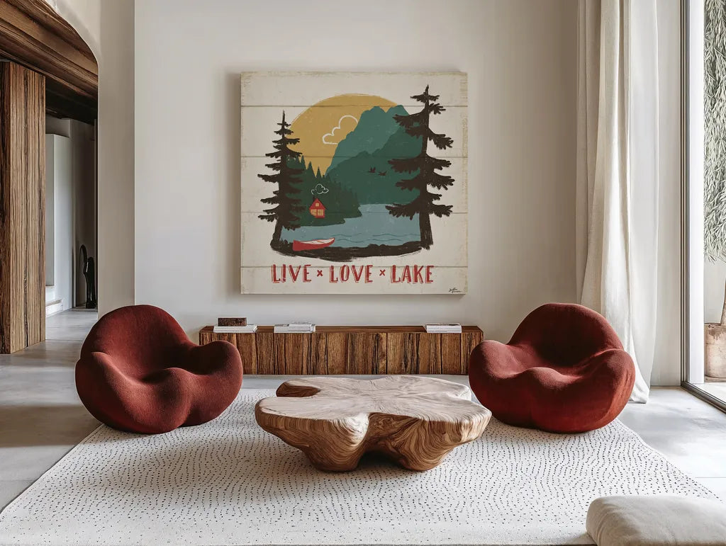 Vintage Lake VII by Janelle Penner. Shown as extra-large giant wall art in a modern living room. Available as an archival giclee rolled canvas, fine art paper, or poster print. SKU 42256a.