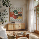 Vintage Lake X by Janelle Penner. Shown in a natural wood frame in a cozy modern living room. Available as an archival giclee rolled canvas, fine art paper, or poster print. SKU 42259a.