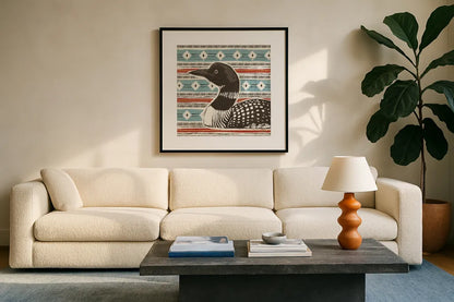 Vintage Lake XI by Janelle Penner. Displayed in a glass frame with matte in a clean modern living room. Available as an archival giclee rolled canvas, fine art paper, or poster print. SKU 42260a.