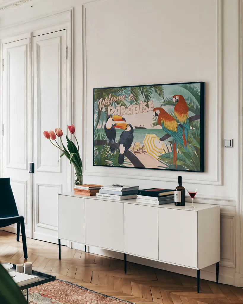 Welcome to Paradise I by Janelle Penner. shown as a framed stretched canvas in a living room above a console. Available as a archival giclee rolled canvas, fine art paper, or poster print. SKU 30404i.