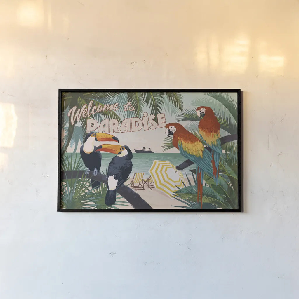 Welcome to Paradise I by Janelle Penner. shown as a paper print in a black flame. Available as a archival giclee rolled canvas, fine art paper, or poster print. SKU 30404i.