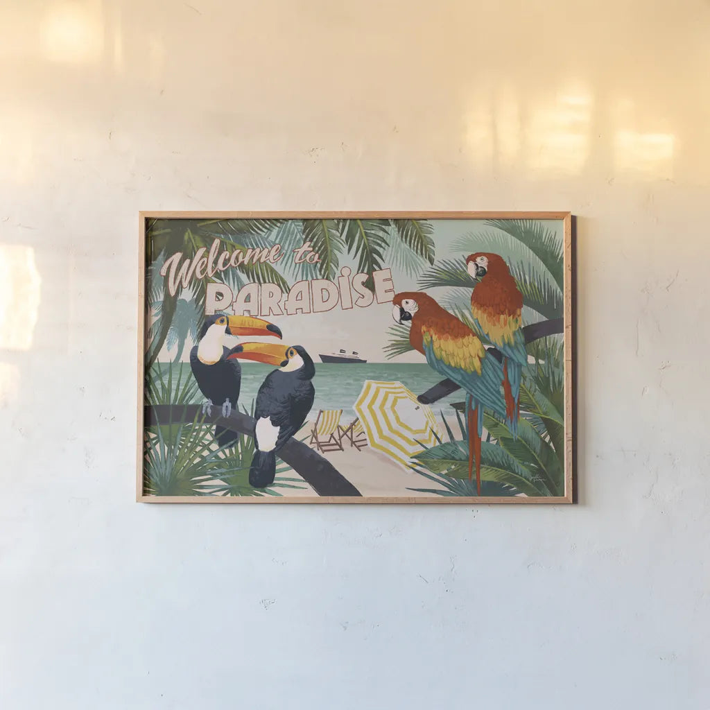 Welcome to Paradise I by Janelle Penner. shown as a paper print in a natural frame. Available as a archival giclee rolled canvas, fine art paper, or poster print. SKU 30404i.